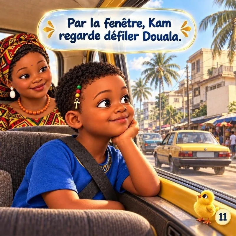 Par la fenêtre, Kam regarde défiler Douala.